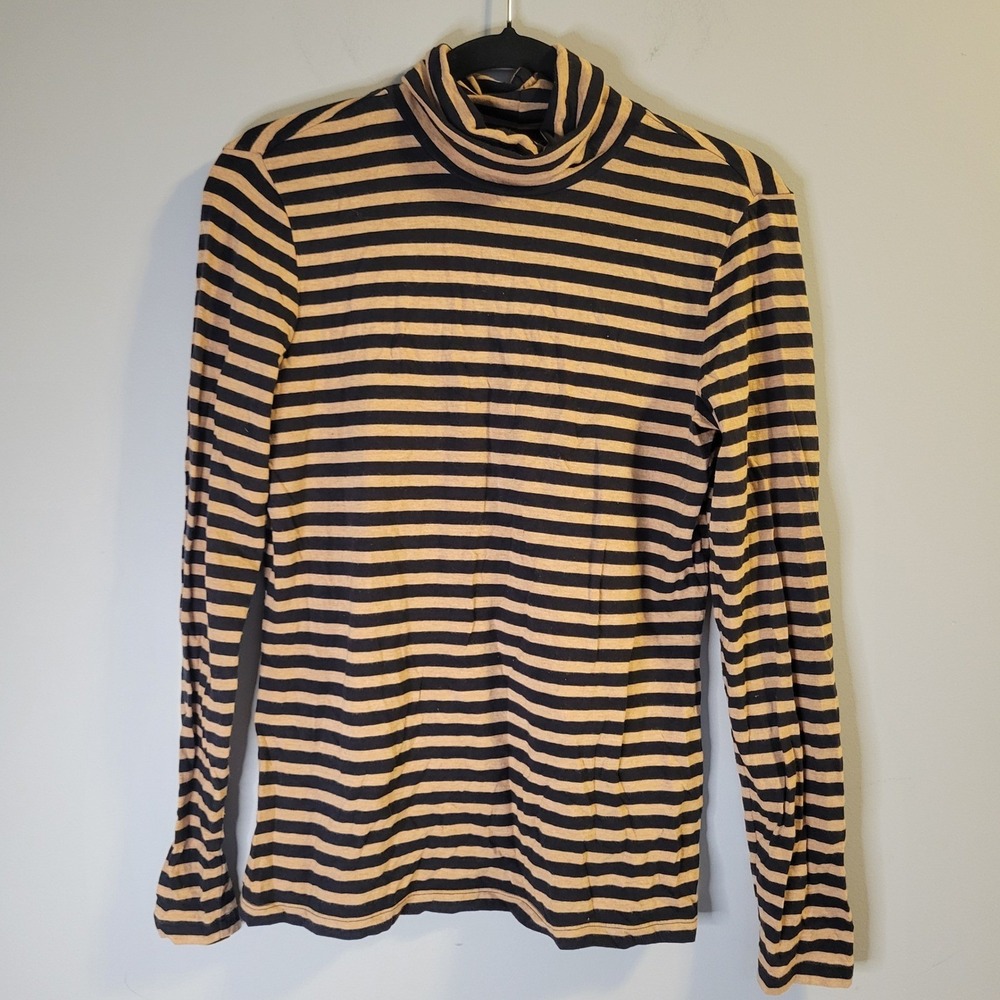Lands End Womens Small Turtleneck Top Long Sleeve Striped Tan Black Cotton Blend